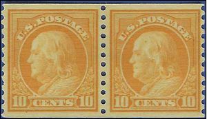 # 497 10c Benjamin Franklin Coil Pair 1922 Used