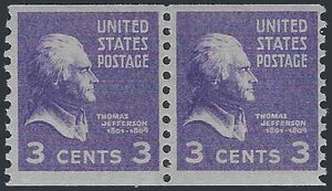 # 842 3c Presidential Issue Thomas Jefferson Coil Pair 1939 Mint NH