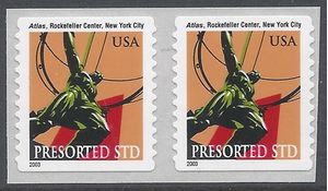 #3770 10c Atlas Statue N.Y. City Coil Pair 2003 Mint NH