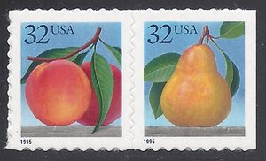 #2493-2494b 32c Peach and Pear Booklet Attached Pair 1995 Mint NH