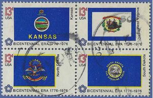 #1666,1667,1671,1672 13c American Bicentennial Kansas 1976 Used Block of 4