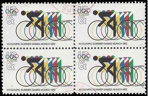 #1460 6c Bicycling and Olympic Rings Block/4 1972 Used