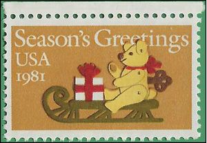#1940 20c Season's Greetings Felt Bear on Sleigh 1981 Used