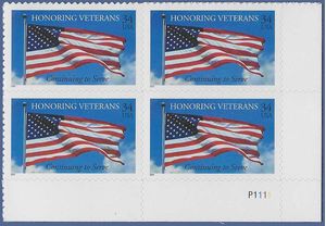 #3508 34c Honoring Veterans PB/4 2001 Mint NH