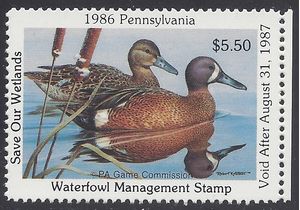 Pennsylvania PA-4 $5.50 Blue Winged Teal 1986 Mint NH