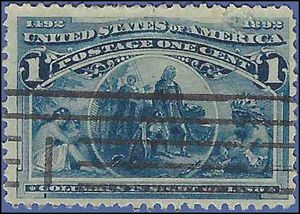 # 230 1c Columbian Exposition Columbus in Sight of Land 1893 Used Fancy Cancel - Faults