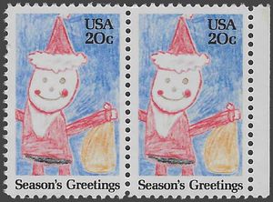 #2108 20c Santa Claus Season's Greetings Attached Pair 1984