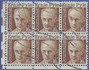 #1398 16c Journalist Ernie Pyle Corner Block of 6 1971 Used