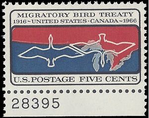 #1306 5c 50th Anniversary Migratory Bird Treaty 1966 Mint NH
