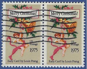#1580 10c Christmas Card, by Louis Prang 1975 Used Attached Pair
