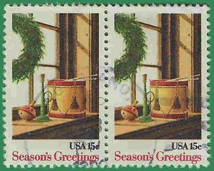 #1843 15c Season's Greetings, Christmas Wreath and Toys 1980 Used Attached Pair