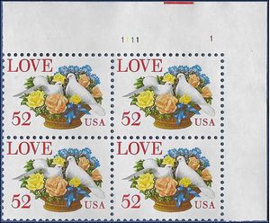 #2815 52c Love Birds in Flower Bouquet PB/4 1994 Used