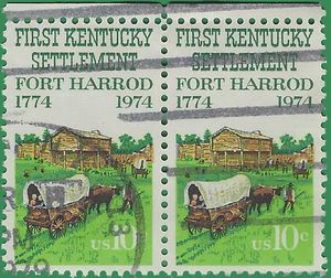 #1542 10c 200th Anniversary Fort Harrod Kentucky 1974 Used Pair