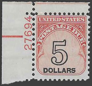 Scott J101 $5.00 US Postage Due Shiny Gum P# 1959 Mint NH