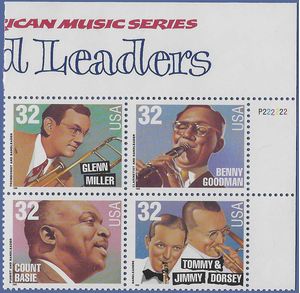 #3096-3099 32c Big Band Leaders Plate Block/4 1996 Mint NH