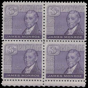 #1105 3c James Monroe Block/4 1958 Mint NH