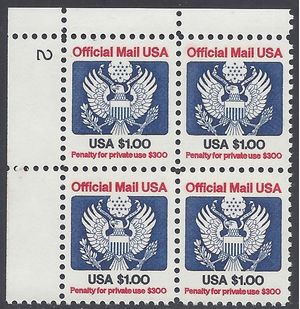 Scott O132 $1.00 Official Mail USA PB/4 1983 Mint NH