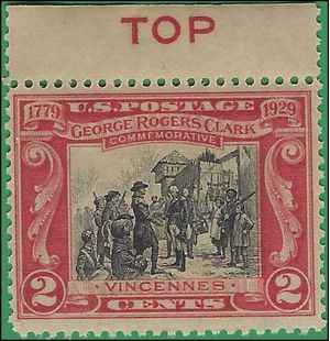 # 651 2c Surrender of Fort Sackville 1929 Mint NH w/"TOP" Imprint