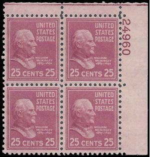 # 829 25c Presidential Issue William McKinley PB/4 1938 Mint NH
