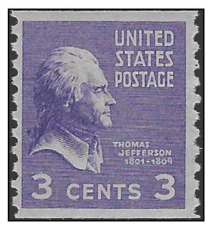 # 842 3c Presidential Issue Thomas Jefferson Coil Single 1939 Mint NH