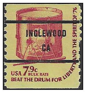 #1615a 7.9c Drums Coil Single 1976 Mint NH Precancel Inglewood CA