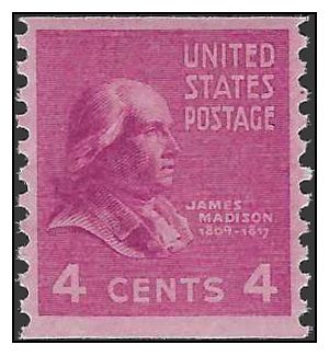 # 843 4c Presidential Issue James Madison Coil Single 1939 Mint NH