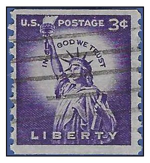 #1057 3c Statue of Liberty Coil Single 1954 Used Wet Print