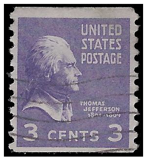 # 842 3c Presidential Issue Thomas Jefferson Coil Single 1939 Used