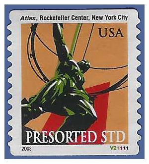 #3770 10c Atlas Statue N.Y. City PNC Single #V21111 2003 Used