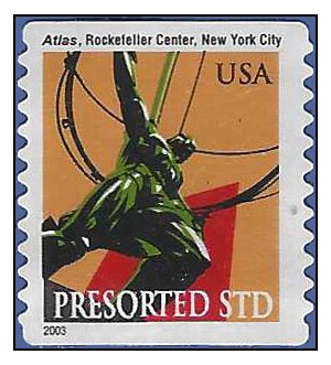 #3770 10c Atlas Statue N.Y. City Coil Single 2003 Used