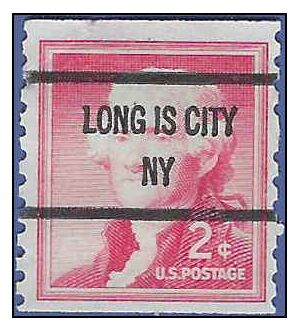 #1055 2c Thomas Jefferson Coil Single 1957 Used Precancel LONG IS CITY NY