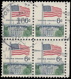 #1338 6c Flag and White House 1968 Used Block of 4