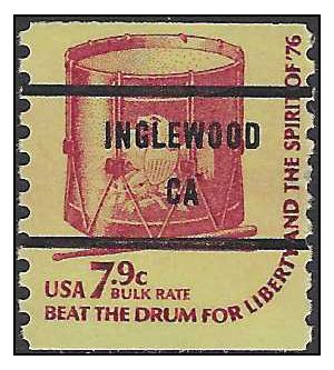 #1615a 7.9c Drums Coil Single 1976 Mint NH Precancel Inglewood CA