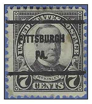 # 639 7c William McKinley 1927 Used Precancel PITTSBURGH PA. Paper Stuck on Back