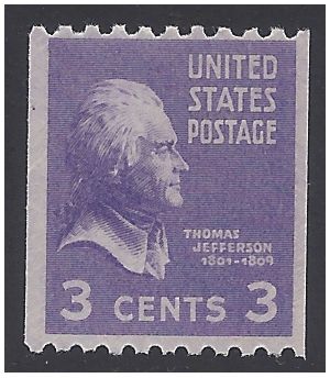 # 851 3c Presidential Issue Thomas Jefferson Coil Single 1939 NH