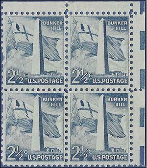 #1034 2.5c Liberty Issue Bunker Hill Monument Corner Block of 4 1959 Used