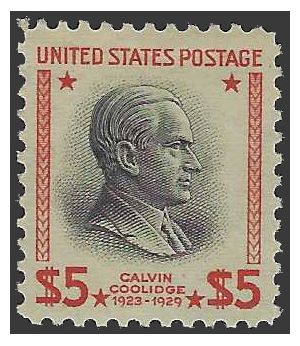 # 834 $5.00 Presidential Issue Calvin Coolidge 1938 Mint NH Gum Skip