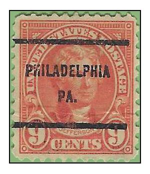 # 641 9c Thomas Jefferson 1927 Used Precancel PHILADELPHIA PA. Crease