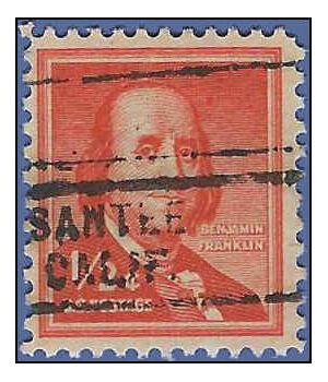 #1030 1/2c Liberty Issue Benjamin Franklin 1958 Used Precancel SANTEE CALIF.