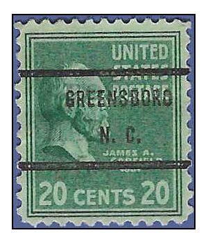 # 825 20c Presidential Issue-James A. Garfield 1938 Used Precancel GREENSBORO N.C.