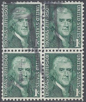 #1278 1c Prominent Americans Thomas Jefferson 1968 Used Block of 4 Fault