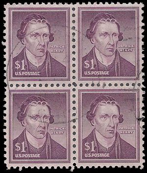 #1052a $1.00 Liberty Issue Patrick Henry Block/4 Wet Print 1955 Used