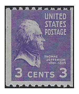 # 851 3c Presidential Issue Thomas Jefferson Coil Single 1939 NH