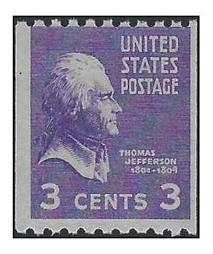 # 851 3c Presidential Issue Thomas Jefferson Coil Single 1939 NH