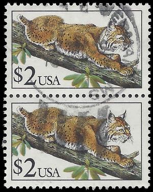 #2482 $2.00 Flora & Fauna Bobcat 1990 Used [Attached Pair