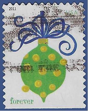 #4574 (44c Forever) Holiday Baubles Green  with Blue Ribbon 2011 Used
