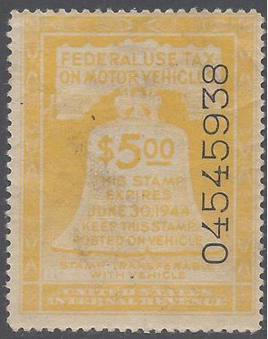 Scott RV18 $5.00 Motor Vehicle Use Revenue Stamp 1943 Unused LH DG