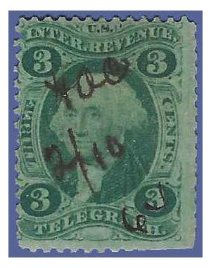 Scott R 19c 3c US Internal Revenue Telegraph 1862-1871 Used Fault