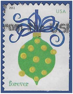 #4574 (44c Forever) Holiday Baubles Green  with Blue Ribbon 2011 Used