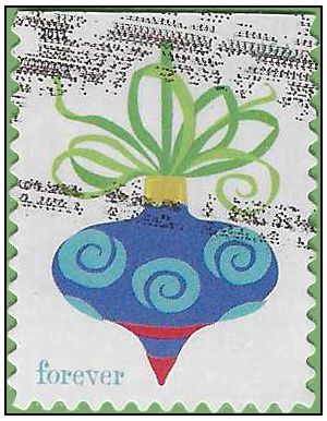 #4572 (44c Forever) Holiday Baubles Blue with Green Ribbon 2011 Used